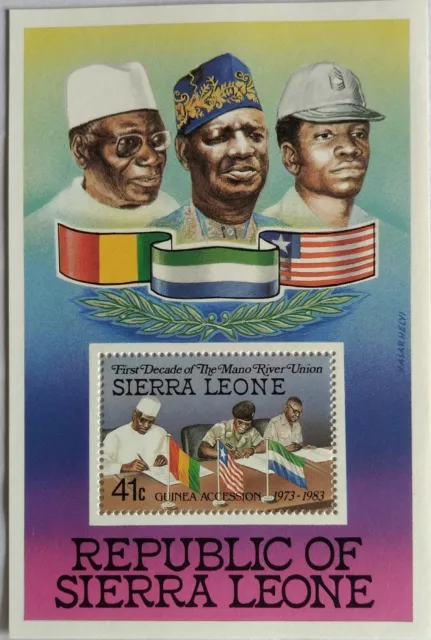 128.SIERRA Leone 1983 Briefmarke M/S Mano River Union, Flaggen, Berühmte. MNH