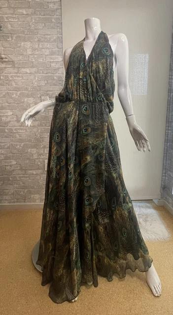 Haute Hippie Open Back Halter Long Maxi Wrap Dress Peacock pattern. size L