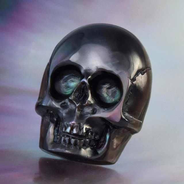 Skull Design Carving Cabochon Black Pen Pinna Shell & Paua Abalone 3.47 g