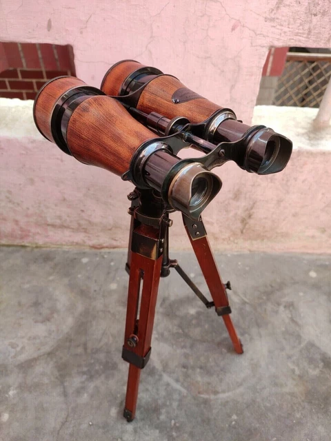 Nautical Brass Binocular  Maritime Leather Covered With Wooden Tripod X-MAS Gift