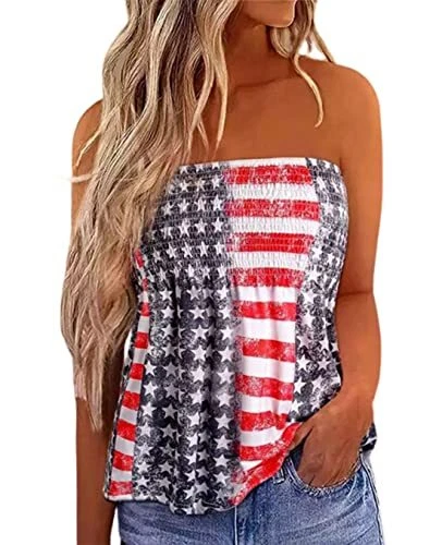Womens American Flag Smocked Strapless Bandeau Tank Top Casual Medium As Show