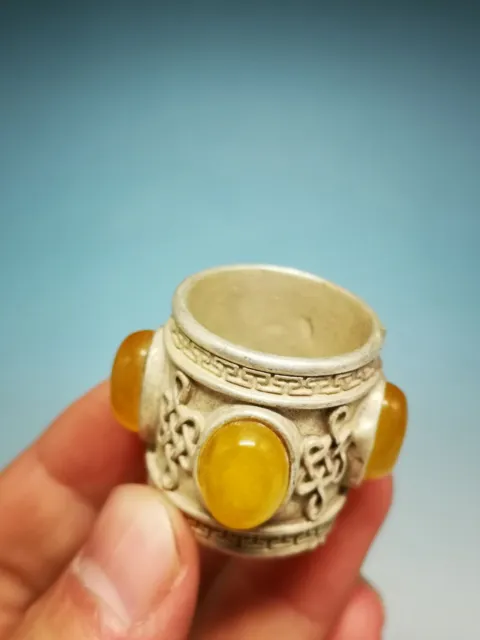 Amazing Rare Old Miao Silver Inlay Yellow Jade Carved Beast Thumb Ring Da8