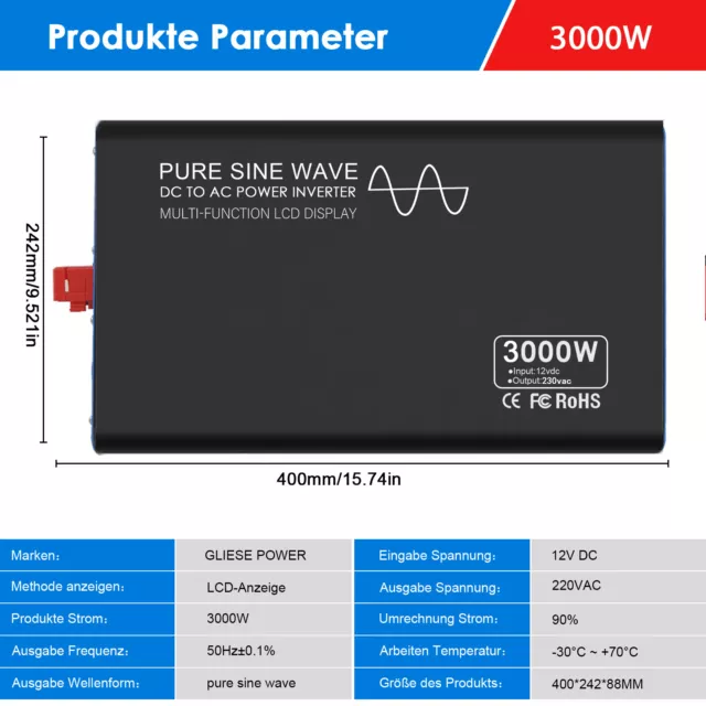 Gliese 3000W Reiner Sinus Wechselrichter 12V auf 230V Inverter Spannungswandler