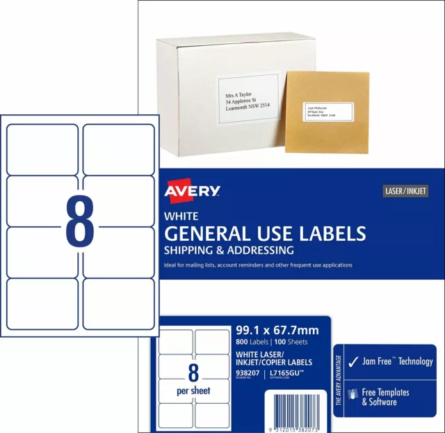 WHITE Avery Inkjet Copier Laser Labels L7165GU 8/Sheet 100 Sheets 938207