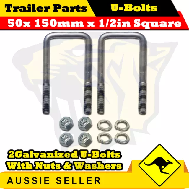 2 x U-Bolts 50mm x 150mm Square with Nuts Galvanized Trailer Box Boat Caravan