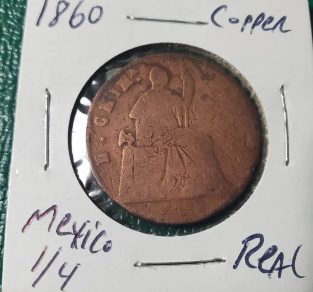 1860 Mexico Chihuahua 1/4 Real Un Quarto Seated Liberty Copper Coin -28MM-KM#344