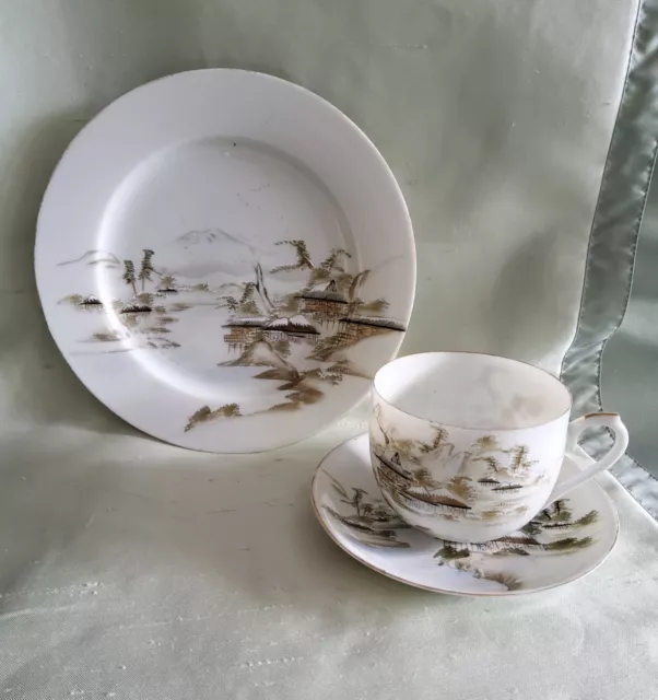 japanisches Teegedeck, 3-teilig, hauchdünn, handgemalt, Japan, alt, antik