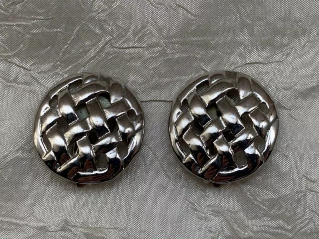 Vintage Francés Designer Pendientes Clip - Metal Tono Plateado, Trenza