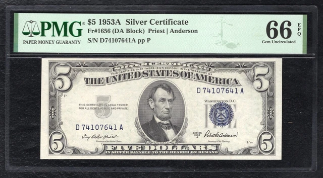 Fr. 1656 1953-A $5 Silver Certificate Currency Note Pmg Gem Uncirculated-66Epq
