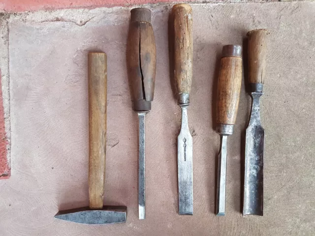 COULAUX & CIE lot outil ancien gouge bedane marteau métier menuisier charpentier