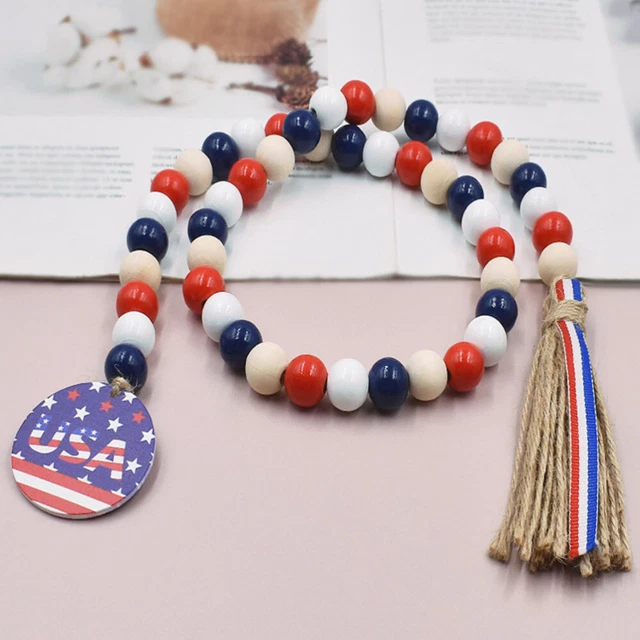 4 Th collar de perlas de madera para el Día de la Independencia 90 cm cuerda de cáñamo