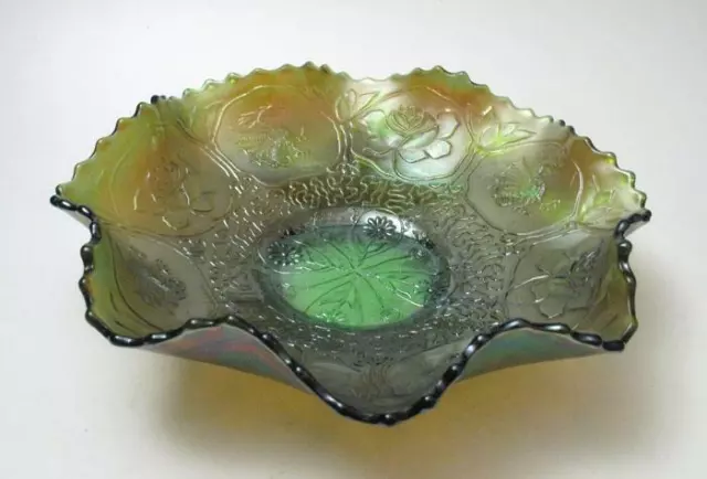Vintage Fenton Dragon And Lotus Green Carnival Glass Bowl Collar Base