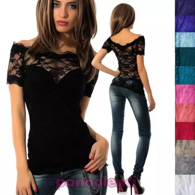 Top maglia maglietta PIZZO floreale sottogiacca maniche corte donna nuovo CC-747