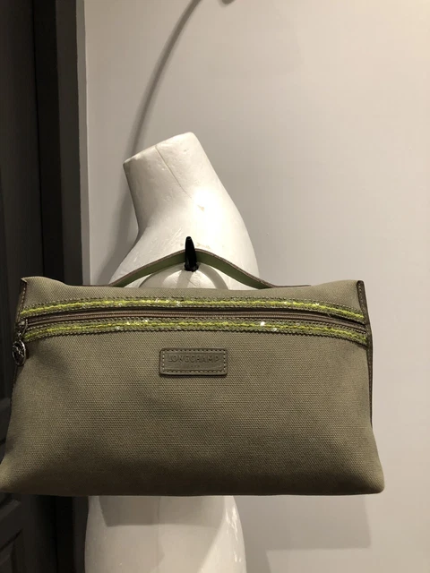 SAC POCHETTE Trousse Longchamp En Toile Et Cuir Vert Kaki Tbe