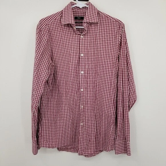Hugo Boss Sharp Fit Red Plaid Men's Shirt Size 15 1/2 34/35