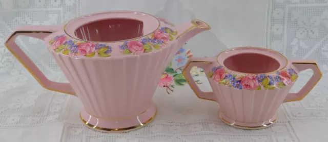 Sadler Pink Roses Art Deco Teapot Sugar Bowl No Lids Vintage English Porcelain 