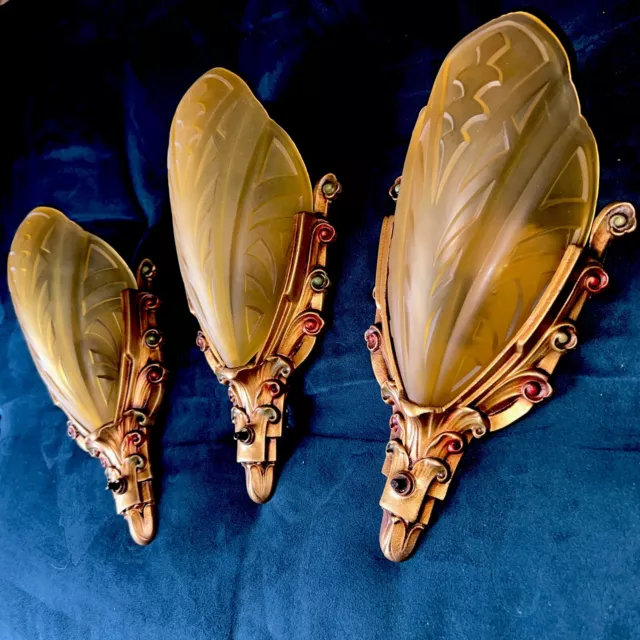 3 Antique Art Deco Wall Sconces Medium Amber Frost Glass Slip Shades Original