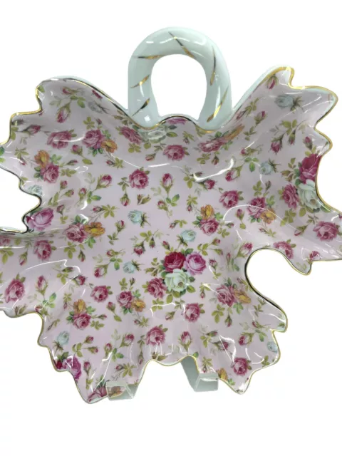 Royal Danube Pink Maple Leaf Shape Platter Gold Edge Rose Chintz Flower Pattern