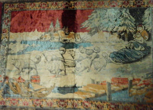 UNIQUE VTG 47x70 Dog Sledding Alaska Tapestry people lake village NO STAIN *READ