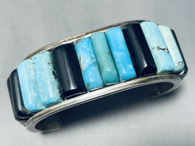 7' Wrist Vintage Navajo Coral End Turquoise Inlay Sterling Silver Bracelet