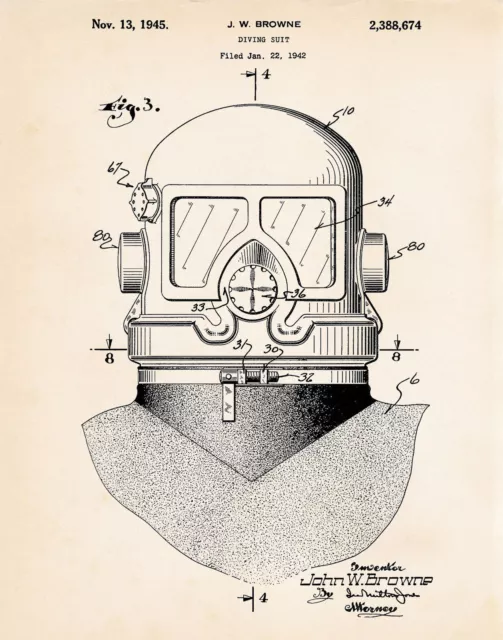 1945 Deep Sea Diving Helmet Nautical Vintage Style Patent Art Print Gifts Divers