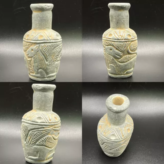 Ancient Near Eastern Old Stone Carved Decorated Bottle With Animals Figures