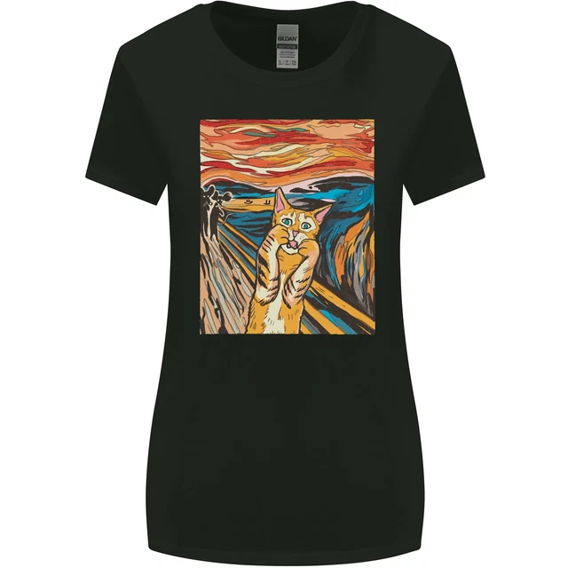 T-shirt parodia donna taglio più largo pittura gatto urlo