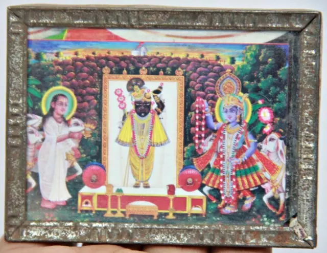 Old Vintage Litho Print of Hindu God Krishna Shrinath Ji-Elegantly Framed in Tin