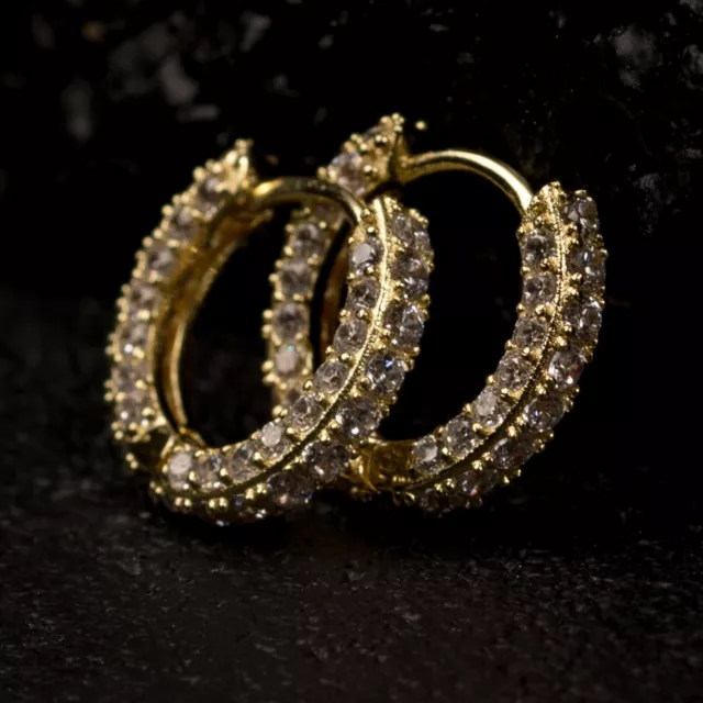 Thin Yellow Gold Plated Sterling Silver Iced CZ Men's Huggie Hoop Earrings