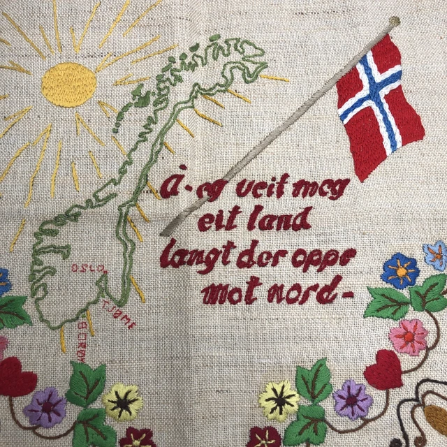 Tapiz de aguja vintage Crewel Noruega Oslo recuerdo mapa de bandera