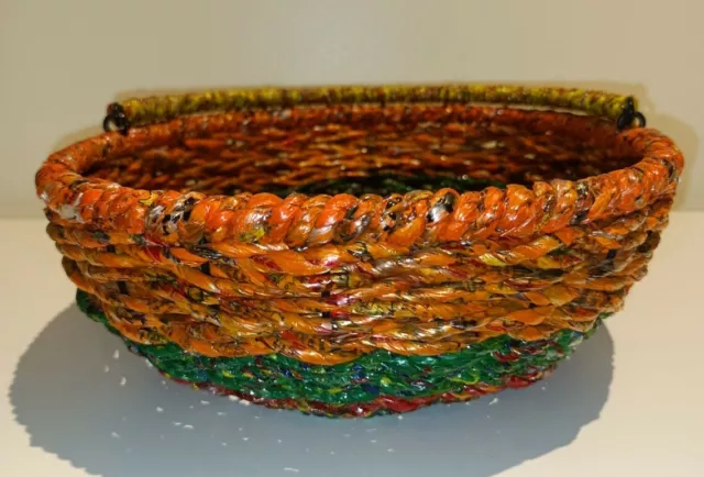 Vintage Unusual Colourful Retro Wire Basket made from Plastic Shopping Bags 3