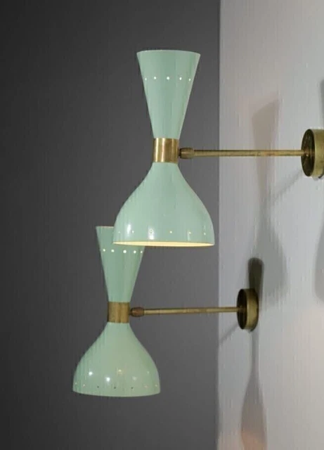 1950's Mid Century Brass Italian Diabolo Wall Sconce Light Fixture 2 Bulb Pair