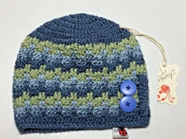 Auntie T Handmade Crochet Knit Beanie Hat BLUE GREEN with Buttons Childs 3