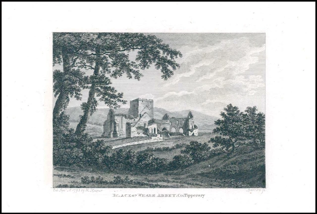1797 Antique Engraving IRELAND View of BLACK OR WHARE ABBEY Co.Tipperary (IG94)