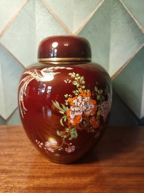 7.5" Carlton Ware Lidded Ginger Jar Rouge Royale Bird Of Paradise Ex Condition