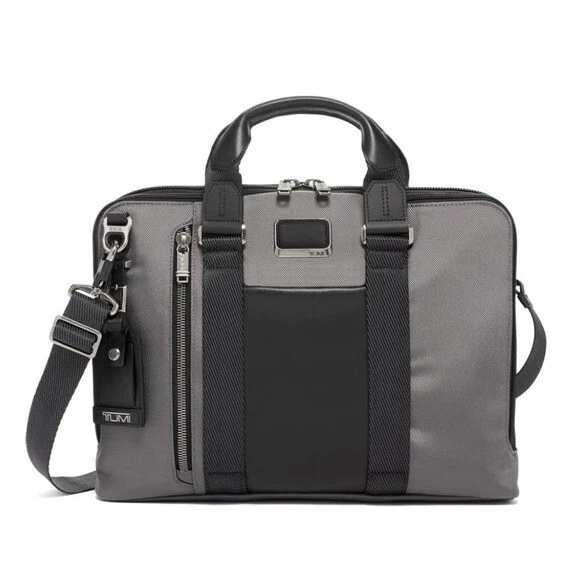 Tumi Alpha Bravo Aviano Slim Brief NWT Grey Black Leather Trim Work Travel