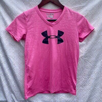 Under Armour Girls Heatgear Logo Short sleeve V-neck shirt Pink Youth Medium