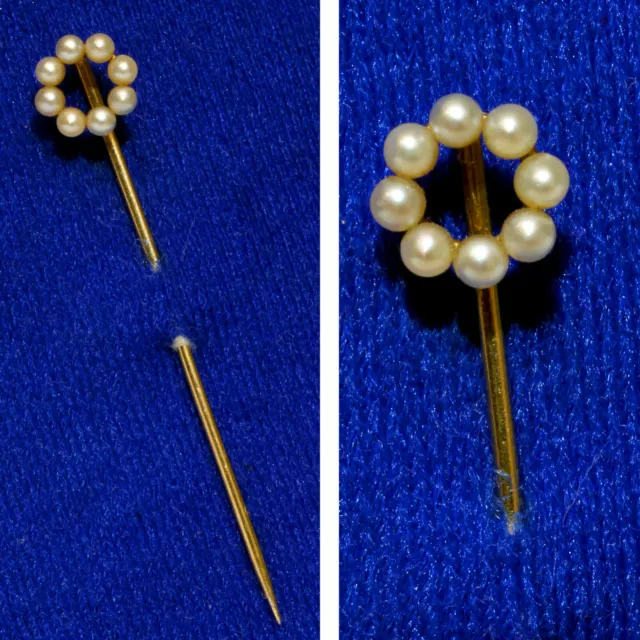 14K Solid Gold 19th Century Round Pearl Flower Pin hatpin hat tie brooch wreath