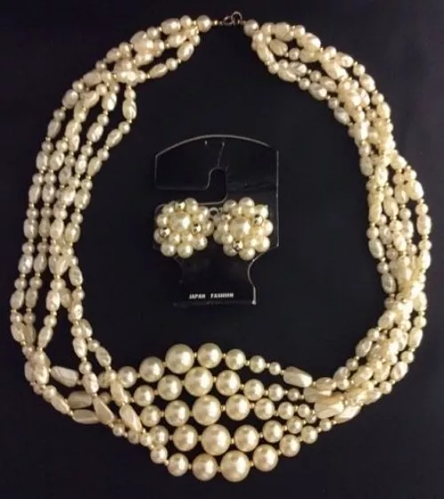 Cream Pearl Necklace And Earrings Fashion Jewelry Set Vintage Style