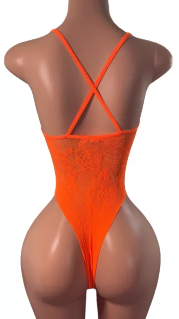 Stripper Outfit Exotic Dance wear Lace Lingerie Orange One Piece 2