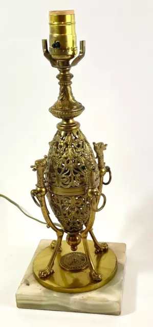 Antique Ornate Brass Metal Table Lamp Bird Heads Figural Egg Shaped Marble Base