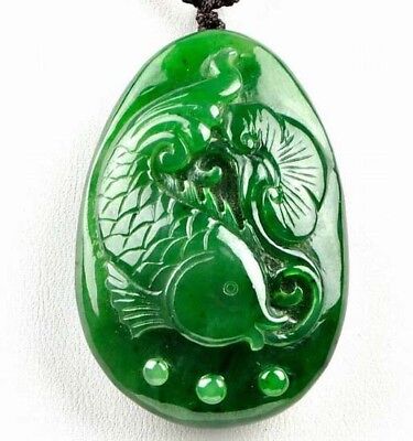 Natural Green Nephrite Jade Koi Fish Pendant Necklace Talisman w/ certificate