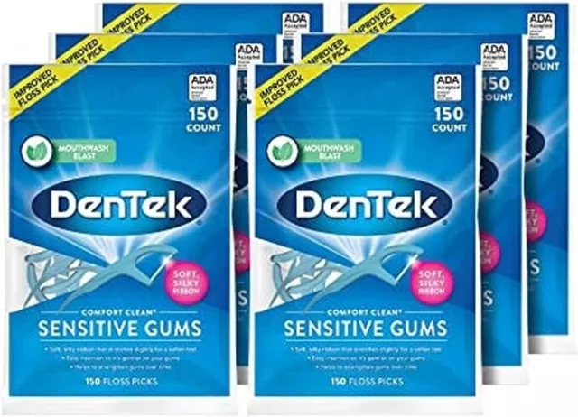 DenTek Comfort Clean | für empfindliches Zahnfleisch | 150 Zahnseide-Plektren | 6er-Pack