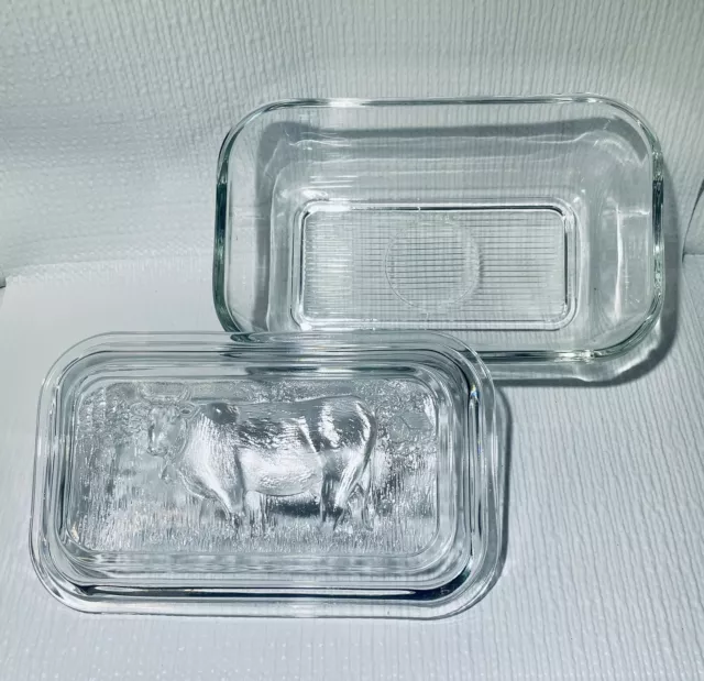 Glass Refrigerator Container Butter Cow on Lid Vintage Arcoroc France