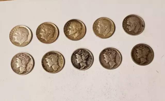 Lot of 10 Assorted US Dimes Mercury/Roosevelt (1923-1964)