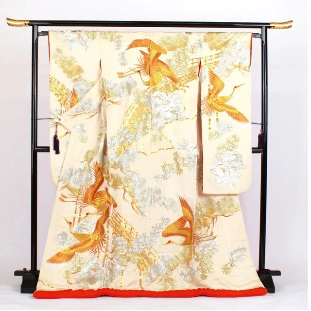 Japanese Silk Wedding Kimono Iro-Uchikake Free Size Beige Gold Pine Flower