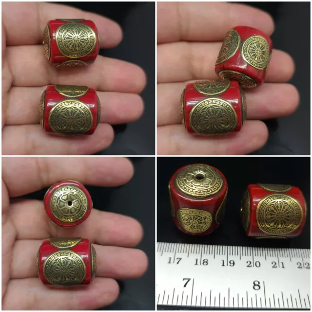 Nepalese Tibetan Handmade Red (Resin) 2 Brass Beads Beautifull Tibet Nepal