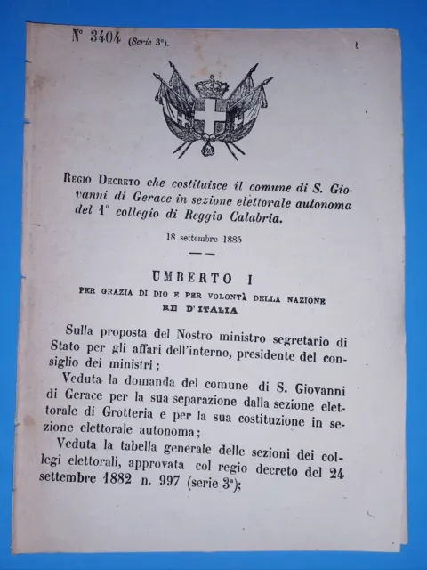 Decreto Regno Italia Costituzione S. Giovanni di Gerace in Reggio Calabria 1885
