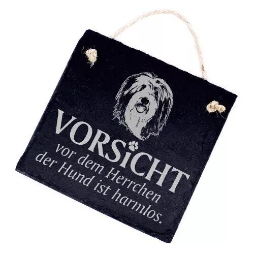 Hundeschild Bearded Collie aus Schiefer - Vorsicht vor dem Herrchen - 11cm x 11c