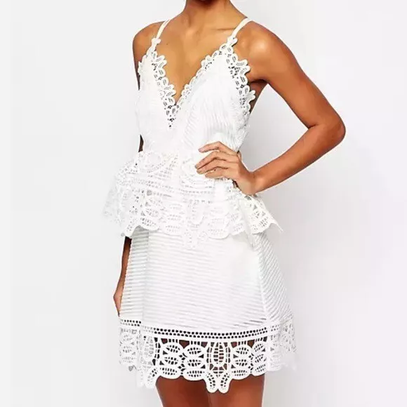 {Self Portrait} White Lace Trimmed Strappy Peplum Dress Size 4